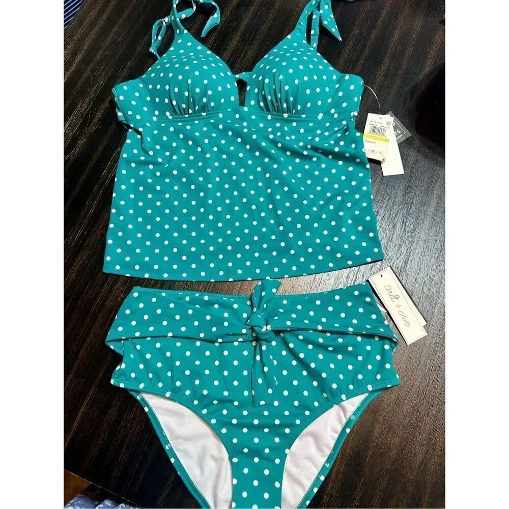 Salt & Cove NWT THREE piece bikini/ tankini set size M- green and white polka do